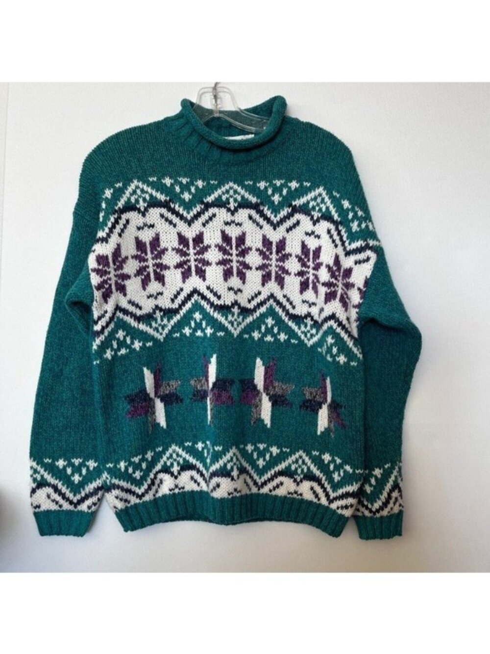 Vtg Gina Peters Women’s Green/Purple Knit Pullover Mock Neck Sweater Small